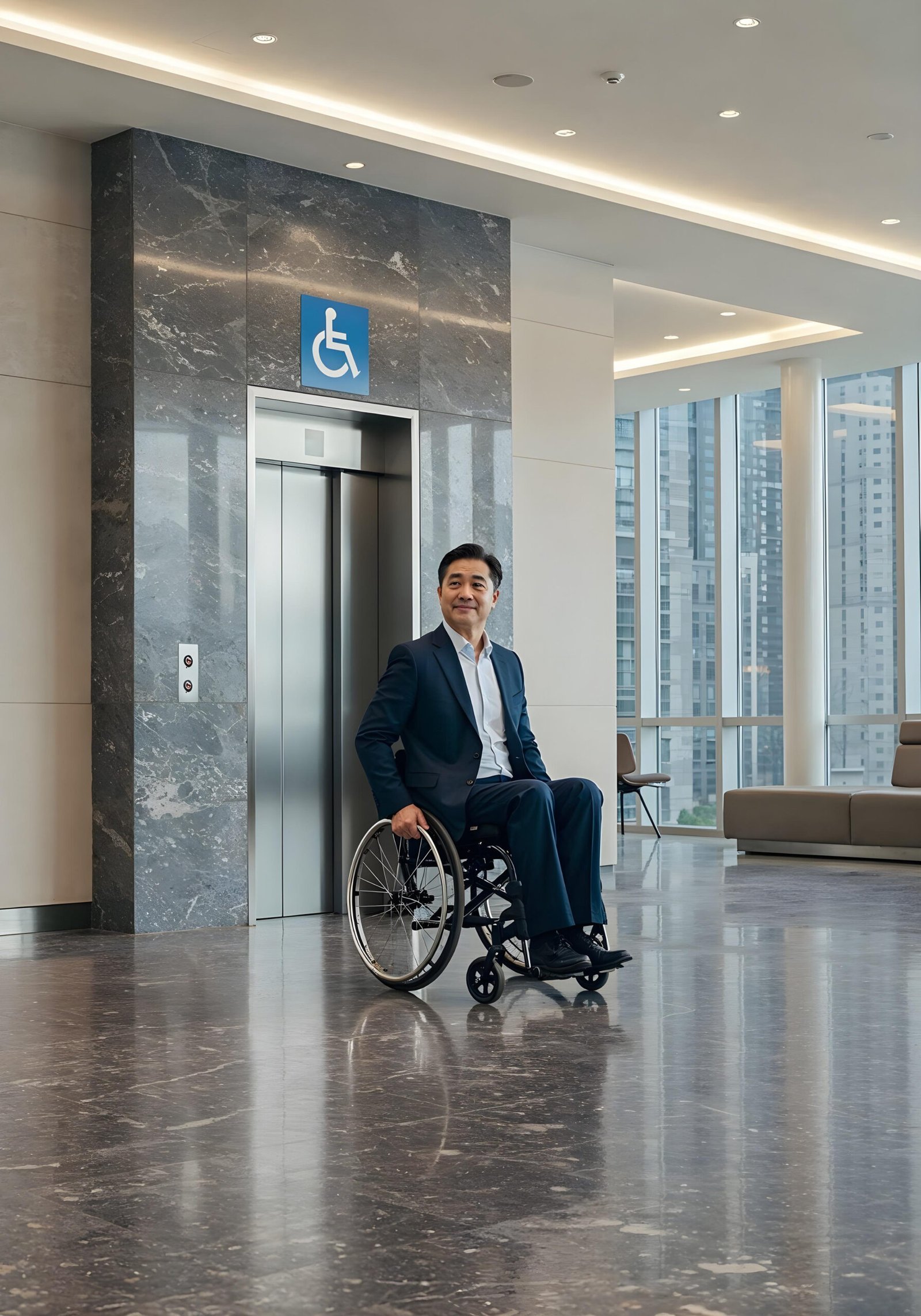 man wheelchair elevator modern office building