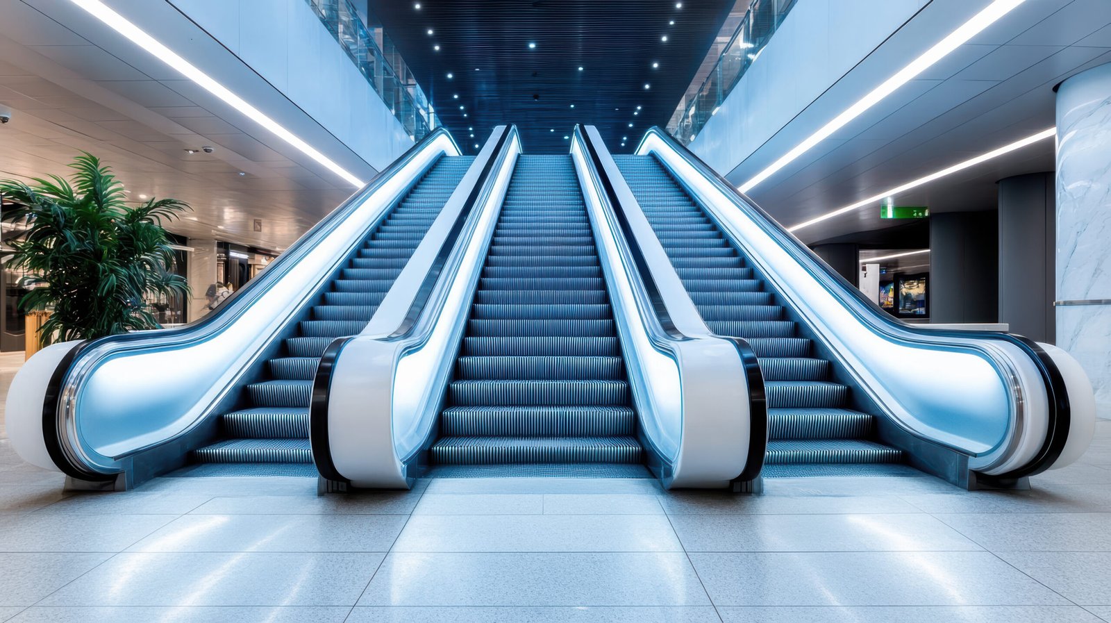 Home futuristic escalators with glowing lights create modern atmosphere in spacious area